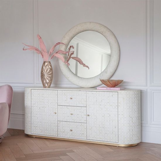 Libra Aspen White Bone Inlay Round Mirror