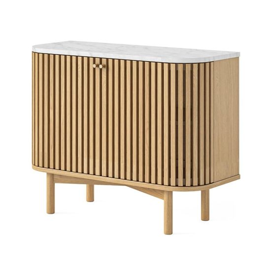 Soho Oak 2 Door Slatted Small Sideboard - White Marble Top