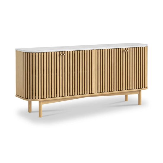 Soho Oak 4 Door Slatted Large Sideboard - White Marble Top