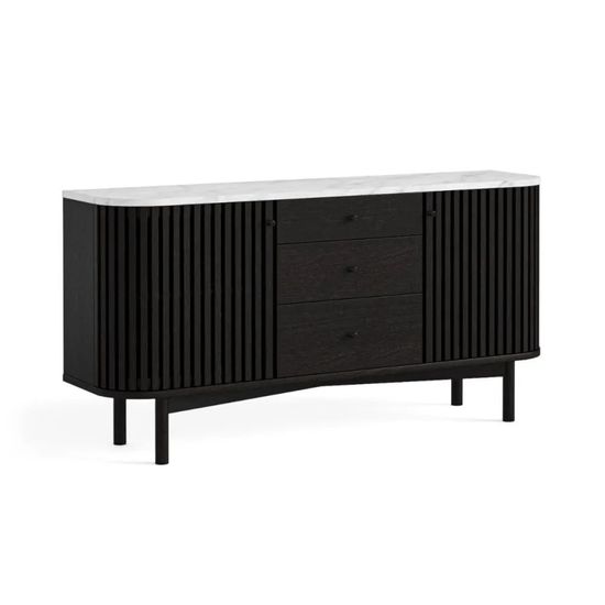 Soho Black 2 Door Slatted Medium Sideboard with White Marble Top - 140cm