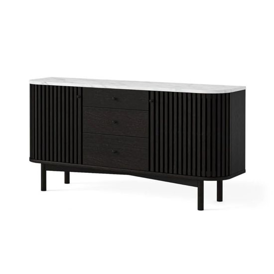 Soho Black 2 Door Slatted Medium Sideboard with White Marble Top - 140cm