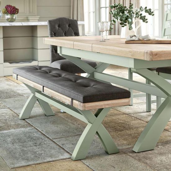 Salcombe Sage Oak and Charcoal Fabric Dining Bench with Cross Leg