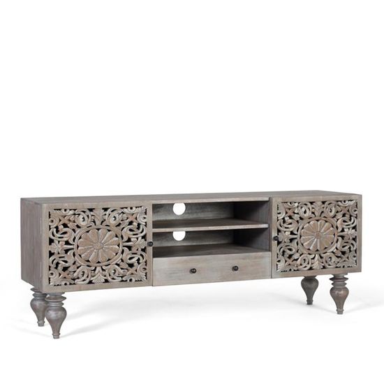 Edith Grey Carved Mango Wood Storage TV Unit