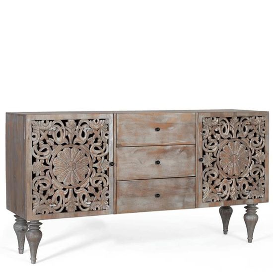 Edith Grey Carved Mango Wood 2 Door Medium Sideboard - 150cm