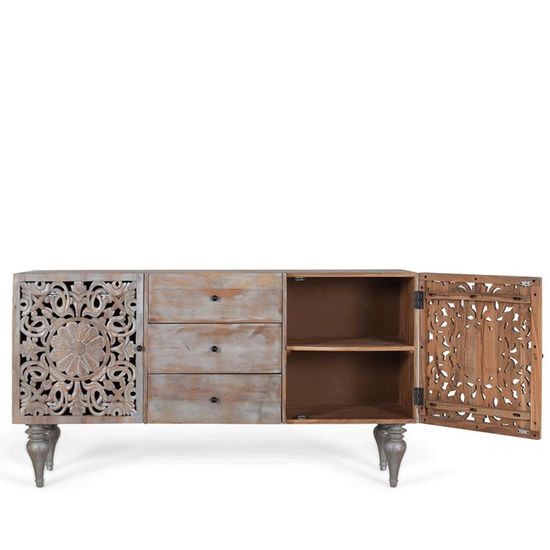 Edith Grey Carved Mango Wood 2 Door Medium Sideboard - 150cm