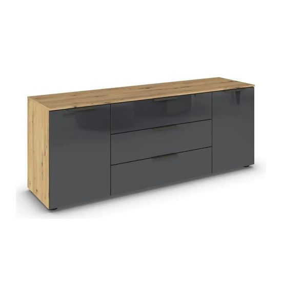 Rauch Flipp 2 Door Low Sideboard with Adjustable Height - 160cm - Artisan Oak and Basalt Glass