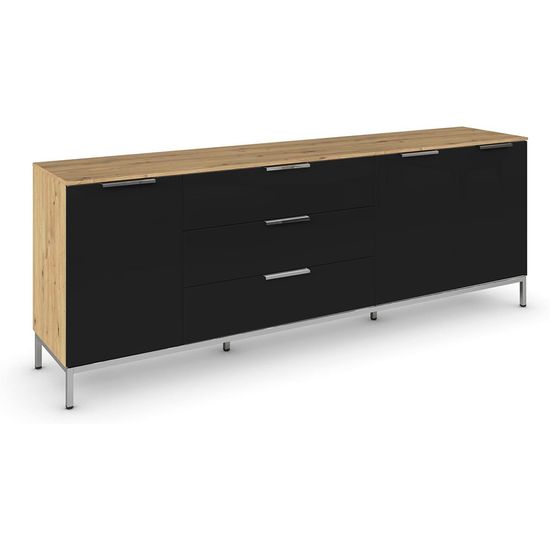 Rauch Flipp 3 Door Low Sideboard with Metal Base - 199cm - Artisan Oak and Basalt Glass