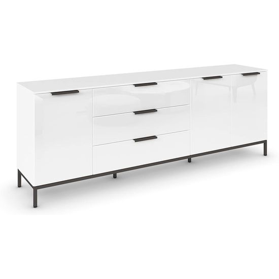 Rauch Flipp 3 Door Low Sideboard with Metal Base - 199cm - Alpine White and White Glass