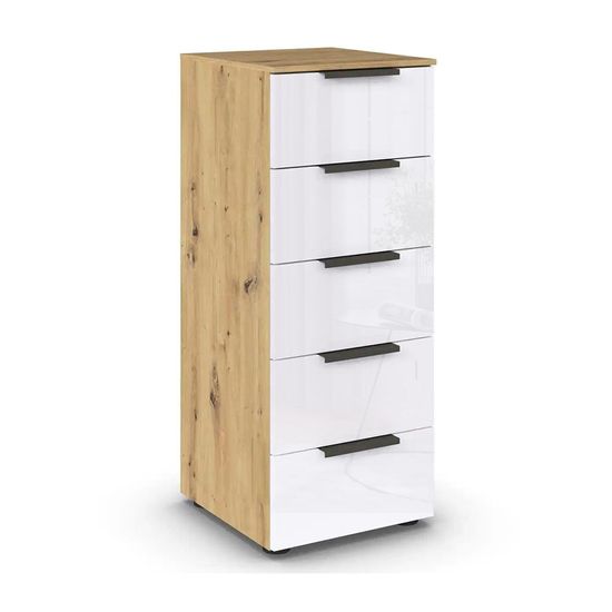 Rauch Flipp 5 Drawer Tall Chest with Adjustable Height - Artisan Oak and White Glass