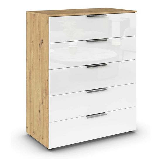 Rauch Flipp 5 Drawer Chest with Adjustable Height - Artisan Oak and White Glass