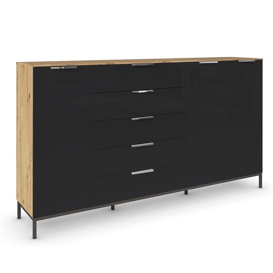 Rauch Flipp 3 Door Sideboard with Metal Base - 199cm - Artisan Oak and Basalt Glass