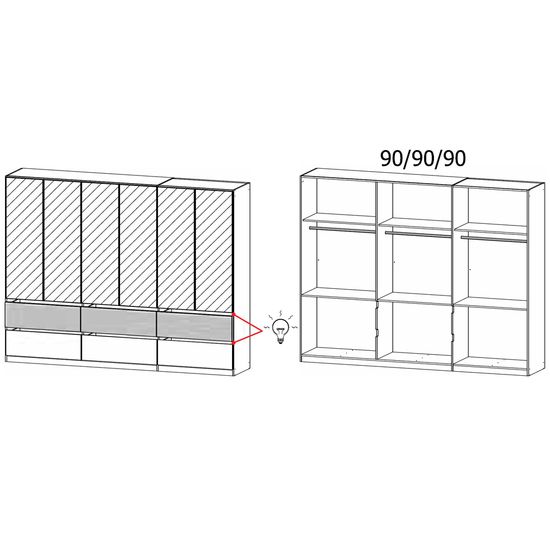 Rauch Winnipeg 271cm 6 Door Wardrobe with Mirror and Lighting - Alpine White and Halifax Oak