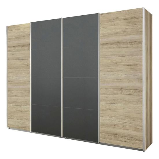 Rauch Syncrono 271cm 4 Door Sliding Wardrobe - Sanremo Oak Light and Metallic Dark Grey