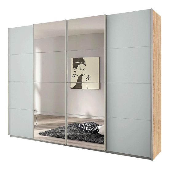 Rauch Syncrono 271cm 4 Door Sliding Wardrobe with Mirror - Sonoma Oak and Silk Grey