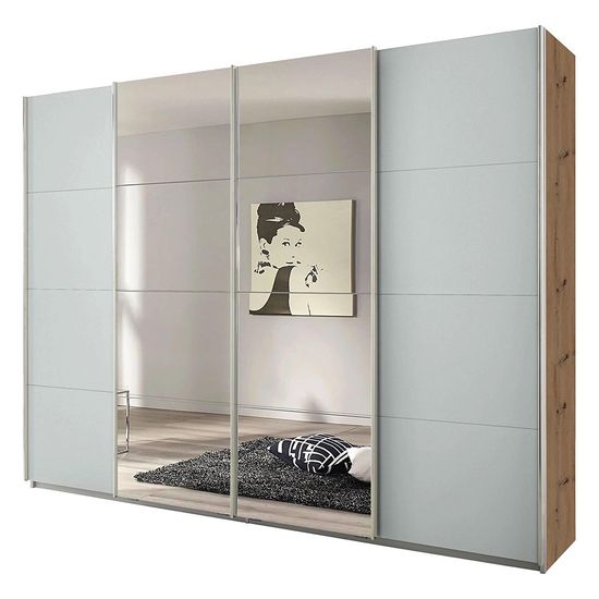 Rauch Syncrono 271cm 4 Door Sliding Wardrobe with Mirror - Artisan Oak and Silk Grey