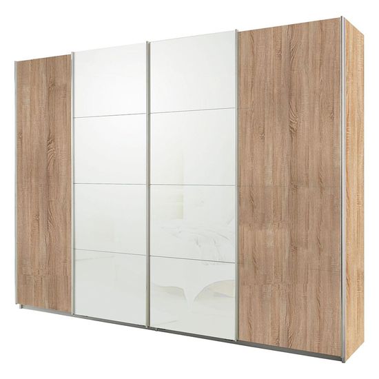 Rauch Syncrono 271cm 4 Door Sliding Wardrobe - Sonoma Oak and White Glass