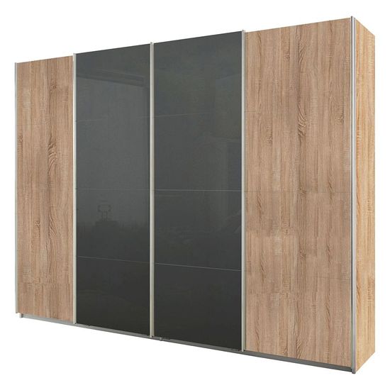Rauch Syncrono 271cm 4 Door Sliding Wardrobe - Sonoma Oak and Basalt Glass