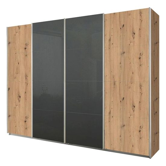 Rauch Syncrono 271cm 4 Door Sliding Wardrobe - Artisan Oak and Basalt Glass