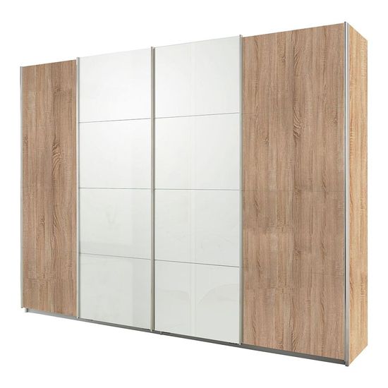 Rauch Syncrono 271cm 4 Door Sliding Wardrobe - Sonoma Oak and White High Gloss