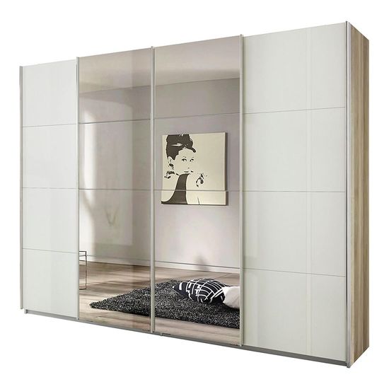 Rauch Syncrono 271cm 4 Door Sliding Wardrobe with Mirror - Sanremo Oak Light and White High Gloss