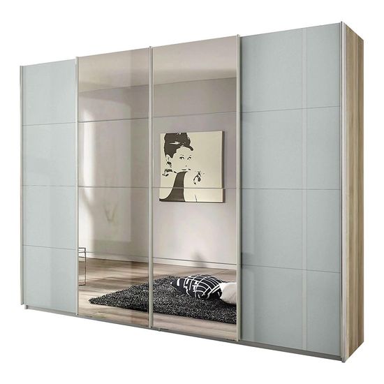 Rauch Syncrono 271cm 4 Door Sliding Wardrobe with Mirror - Sanremo Oak Light and Grey High Gloss