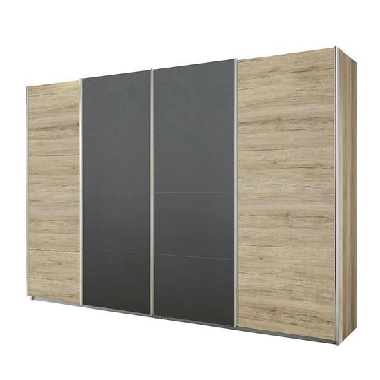 Rauch Syncrono 316cm 4 Door Sliding Wardrobe - Sanremo Oak Light and Metallic Dark Grey