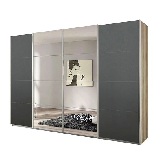 Rauch Syncrono 316cm 4 Door Sliding Wardrobe with Mirror - Sanremo Oak Light and Metallic Dark Grey