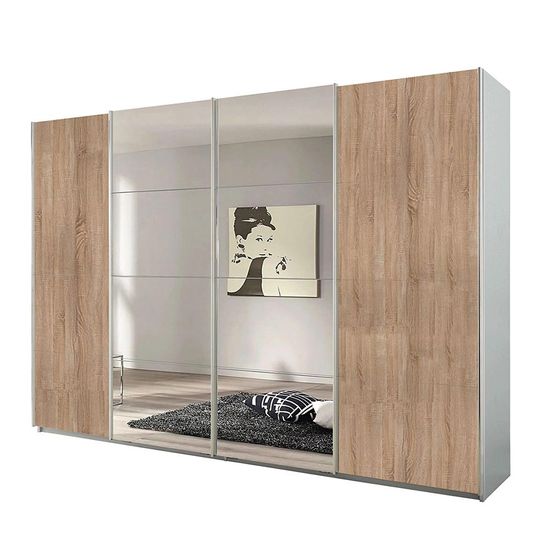 Rauch Syncrono 316cm 4 Door Sliding Wardrobe with Mirror - Silk Grey and Sonoma Oak