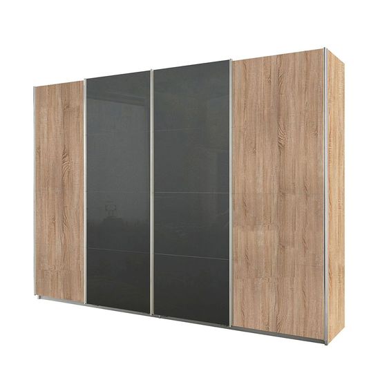 Rauch Syncrono 316cm 4 Door Sliding Wardrobe - Sonoma Oak and Basalt Glass