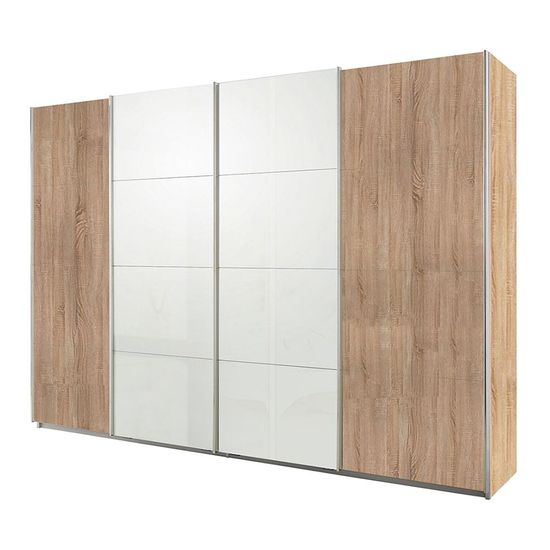 Rauch Syncrono 316cm 4 Door Sliding Wardrobe - Sonoma Oak and White High Gloss