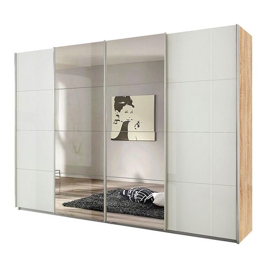 Rauch Syncrono 316cm 4 Door Sliding Wardrobe with Mirror - Sonoma Oak and White High Gloss