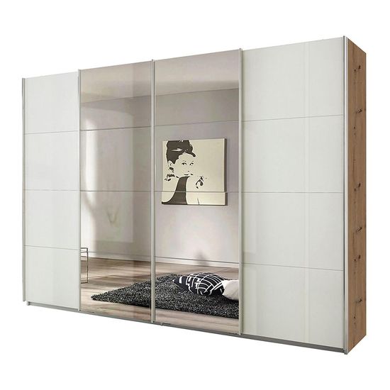 Rauch Syncrono 316cm 4 Door Sliding Wardrobe with Mirror - Artisan Oak and White High Gloss