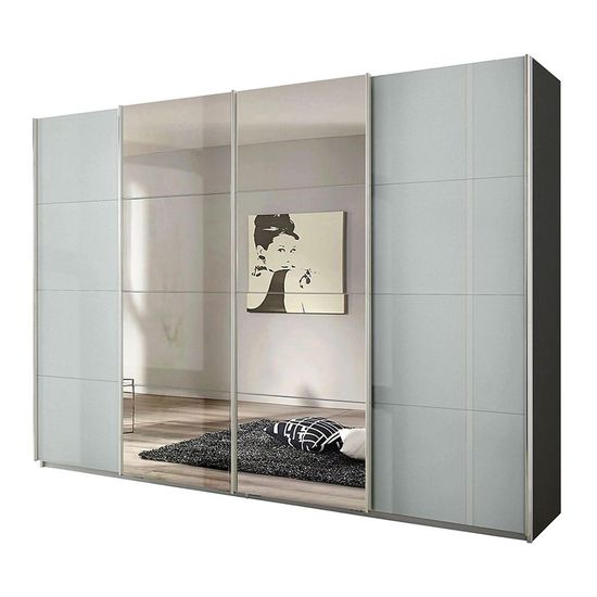 Rauch Syncrono 316cm 4 Door Sliding Wardrobe with Mirror - Metallic Dark Grey and Grey High Gloss