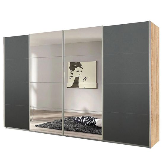 Rauch Syncrono 361cm 4 Door Sliding Wardrobe with Mirror - Sonoma Oak and Metallic Dark Grey