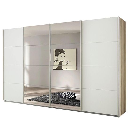 Rauch Syncrono 361cm 4 Door Sliding Wardrobe with Mirror - Sanremo Oak Light and Alpine White