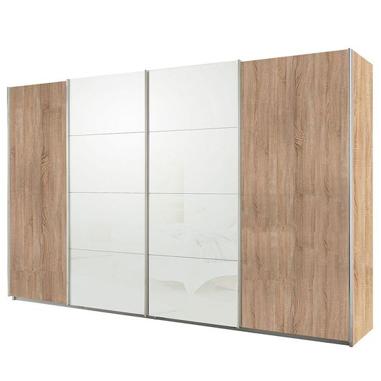 Rauch Syncrono 361cm 4 Door Sliding Wardrobe - Sonoma Oak and White Glass