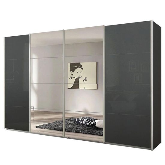Rauch Syncrono 361cm 4 Door Sliding Wardrobe with Mirror - Metallic Dark Grey and Basalt Glass