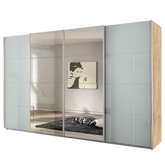 Rauch Syncrono 361cm 4 Door Sliding Wardrobe with Mirror - Sonoma Oak and Grey High Gloss