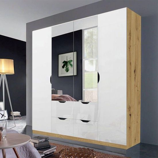 Rauch Arnstein 181cm 4 Door Combi Wardrobe - Artisan Oak and White High Gloss