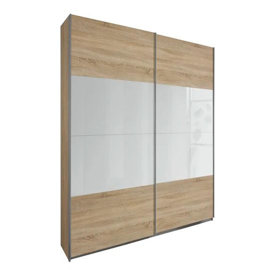 Rauch Quadra 136cm 2 Door Sliding Wardrobe - Sonoma Oak and White Glass