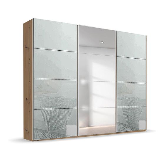 Rauch Beluga Extra 271cm 3 Door Sliding Wardrobe with Mirror - Artisan Oak and Silk Grey Glass