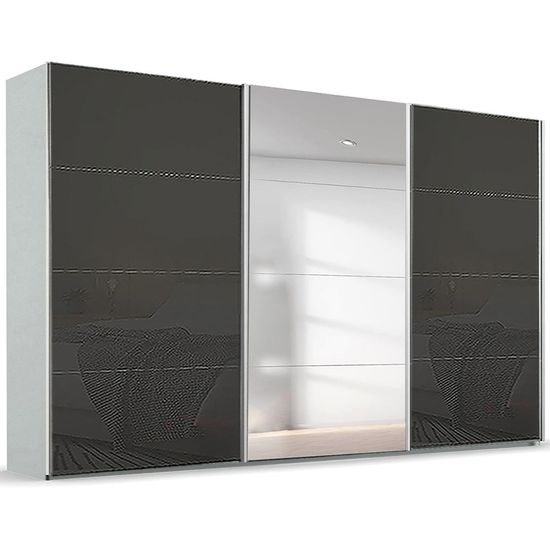 Rauch Beluga Extra 406cm 3 Door Sliding Wardrobe with Mirror - Silk Grey and Basalt Glass