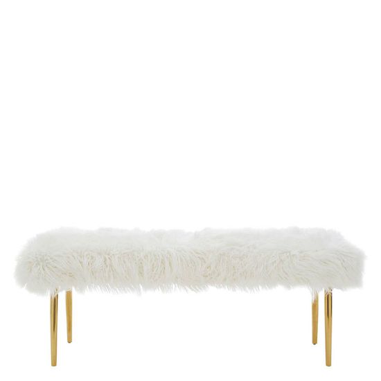 Clarence White Faux Fur Bench with Gold Legs