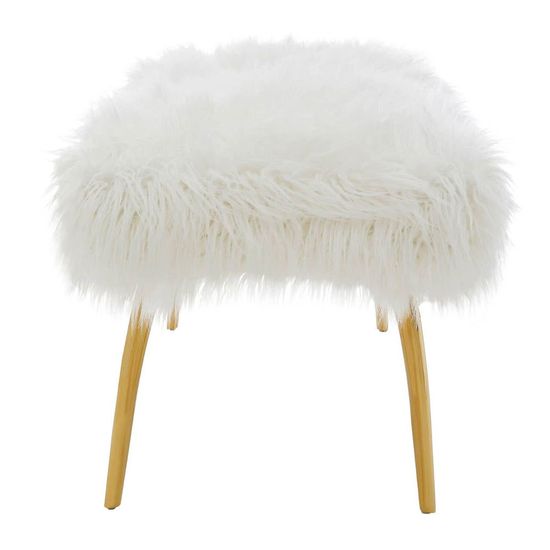 Clarence White Faux Fur Bench with Gold Legs