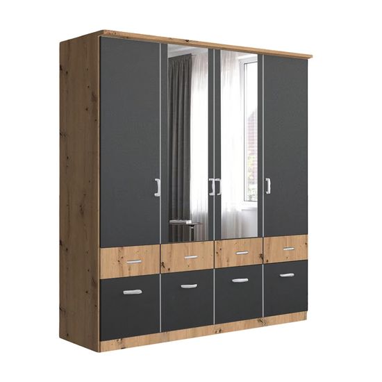 Rauch Celle Super 181cm 4 Door Combi Wardrobe - Artisan Oak and Metallic Dark Grey