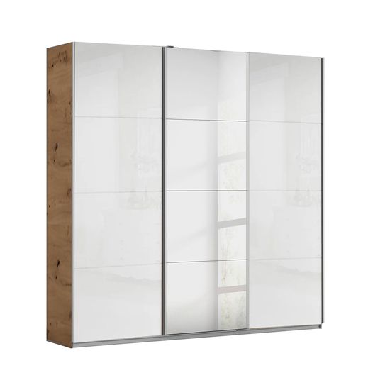 Rauch Kulmbach 203cm 3 Door Sliding Wardrobe with Mirror - Artisan Oak and White High Gloss