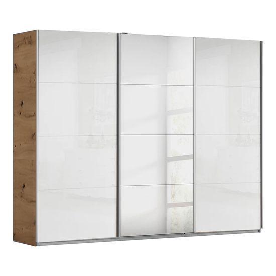 Rauch Kulmbach 271cm 3 Door Sliding Wardrobe with Mirror - Artisan Oak and White High Gloss