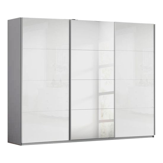 Rauch Kulmbach 271cm 3 Door Sliding Wardrobe with Mirror - Silk Grey and White High Gloss