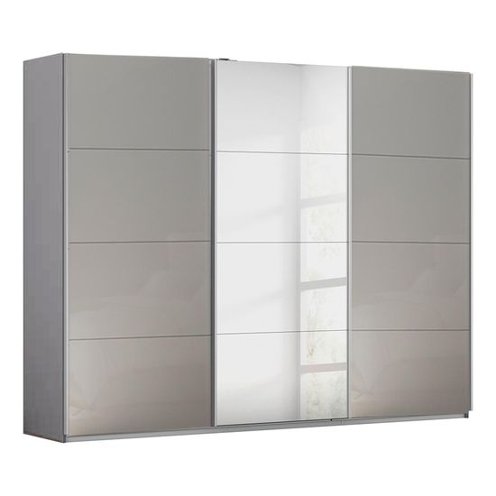 Rauch Kulmbach 271cm 3 Door Sliding Wardrobe with Mirror - Silk Grey and Grey High Gloss