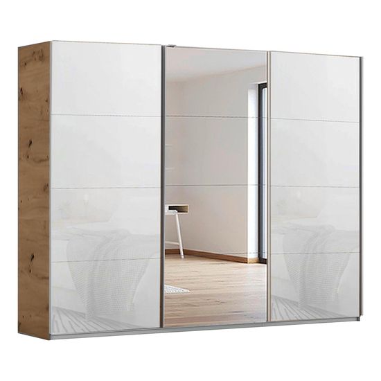 Rauch Kulmbach 271cm 3 Door Sliding Wardrobe with Mirror - Artisan Oak and White Glass